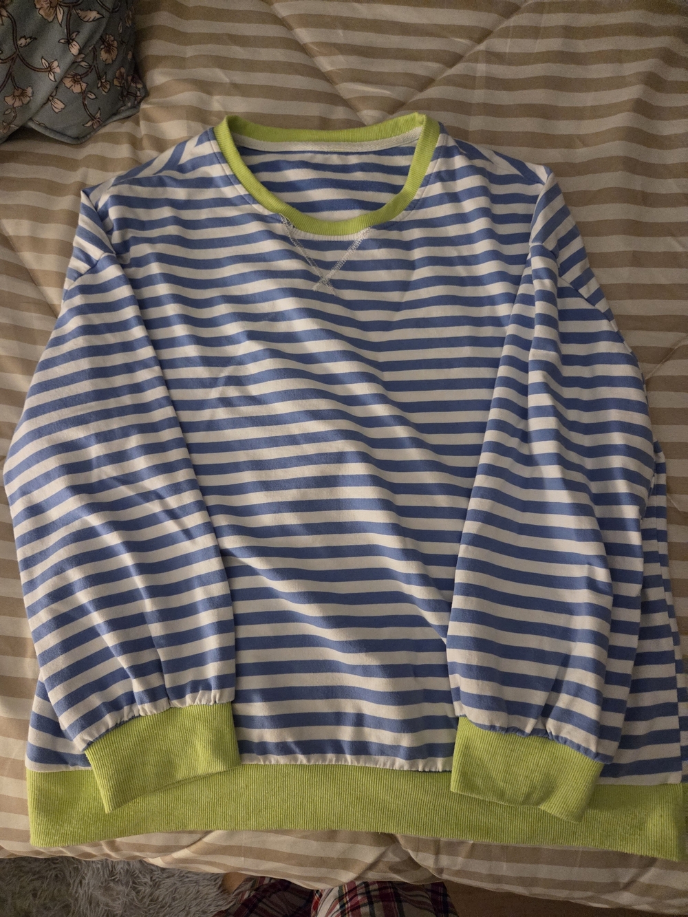 Blue & White Striped Sweatshirt with Lime Trim